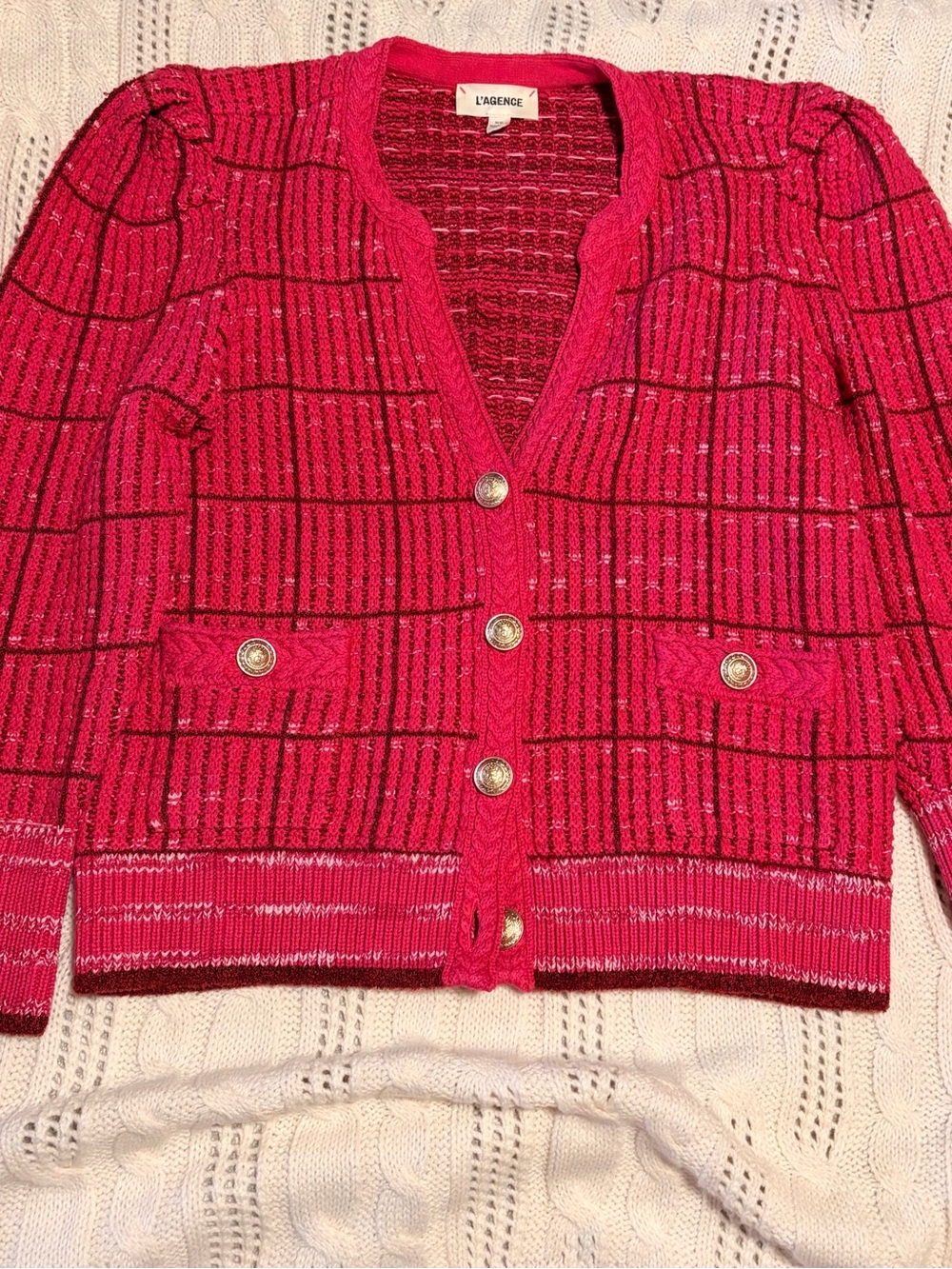 L'AGENCE Hot Pink Grid Knit Cardigan with Gold Buttons and Puff Shoulders